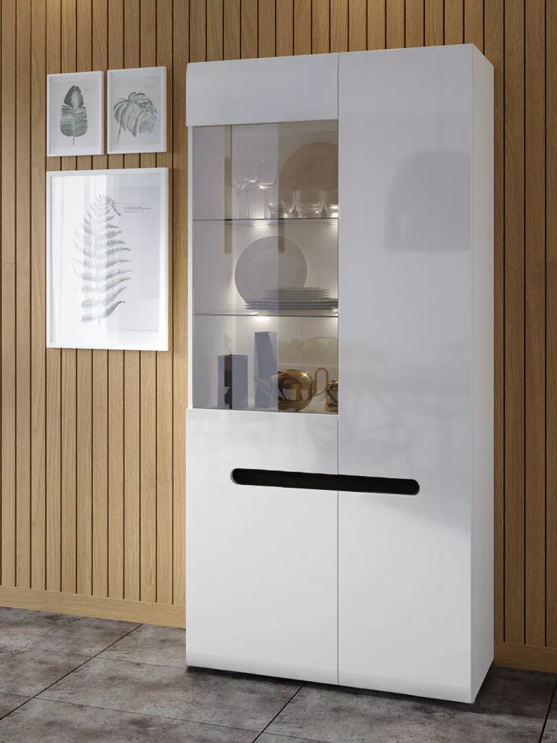 Glass Display Cabinet Wide Tall 2 Door LEDs Multi Insert White High Gloss Azteca