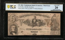 T-37 $5 1861 Confederate States Currency Civil War Banknote , PCGS 20  (AA9)