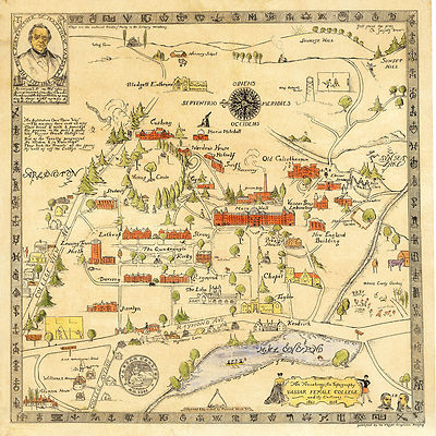 1928 Vassar Female College Campus Anachronistic Pictorial Topography Map Poster