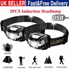 2X USB Rechargeable LED Headlamp Super Bright, Waterproof Head Torch UK