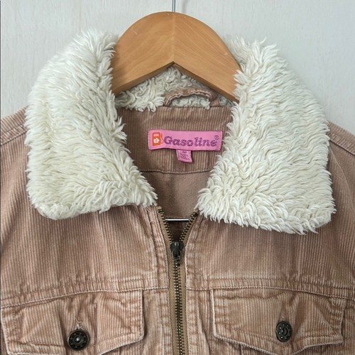 Gasoline VTG Y2K Beige Corduroy Light jacket faux fur collar youth Fit Medium - Picture 2 of 11