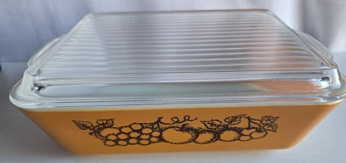 Pyrex Old Orchard 503 Refrigerator Dish with Clear Glass Lid Vintage Brown USA
