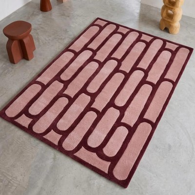 Hand-Tufted Dusty Pink Rug with Burgundy Geometric Arches | Minimalist Blush 6x9