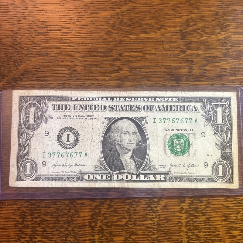 FANCY SERIAL NUMBER 1 DOLLAR BILL,  TRINARY 5 LUCKY 7s  37767677