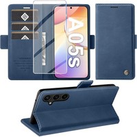 HandyhüLle PU Leder Wallet Flip Case Blau FüR Galaxy A05S Mit Displayschutzfolie