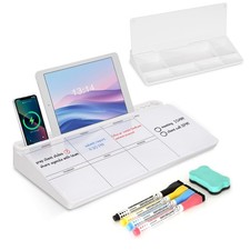 Desktop Glass Whiteboard with Storage, Weekly Calendar Desk Dry Erase White B...
