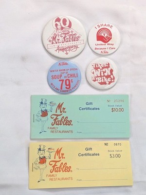 (4) Mr. Fables Restaurant Advertising Pins 60TH ANNIVERSARY United Way 79¢ SOUP