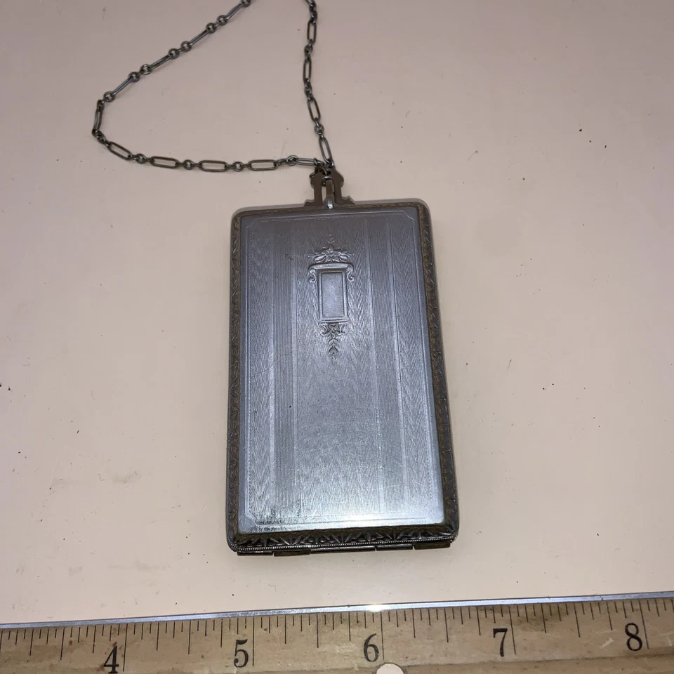 Antique Silvertone Dance Purse w/ Mirror Coin Slots Wrist Chain Sunburst Pattern - Image 3 of 4