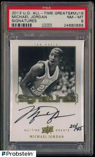2013 UD All-Time Greats Signatures Michael Jordan HOF ON CARD AUTO 20/45 PSA 8