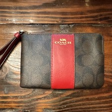 Coach Brown Red Logo Wristlet Folding Women's Wallet Credit Card Inner Pockets