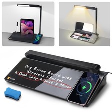 Desktop Glass Whiteboard with Wireless Charger Station and Desk Lamp, Tableto...