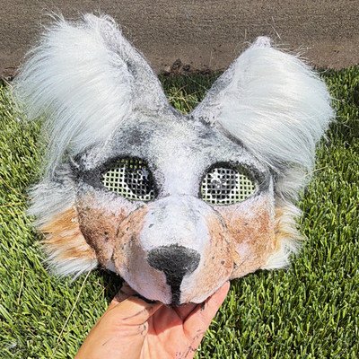 Handmade Faux Fur Wolf Full Face Costume Mask One Size Gray/White/Tan/Black