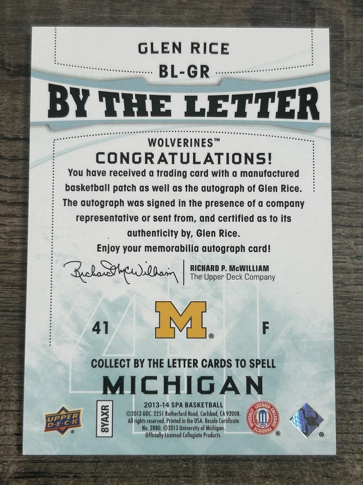 GLEN RICE /10 🧨 2013-14 SP AUTHENTIC BY THE LETTER SIGNATURES AUTO 🧨 #BL-GR - Image 2 of 2