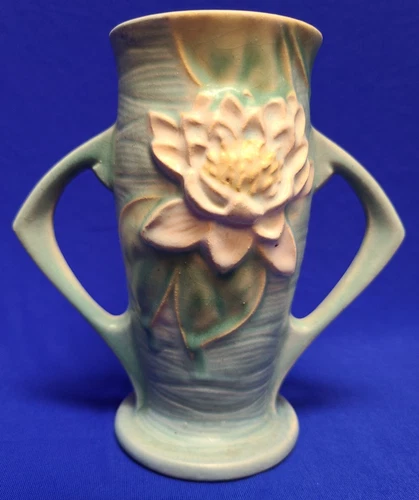 Vtg 1940s Roseville Art Pottery USA 72-6" Water Lily Two Handled Vase Blue