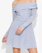 Long Sleeve Flocked Rose Mini Fit and Flare Dress Small Blue/Gray Wild Fable