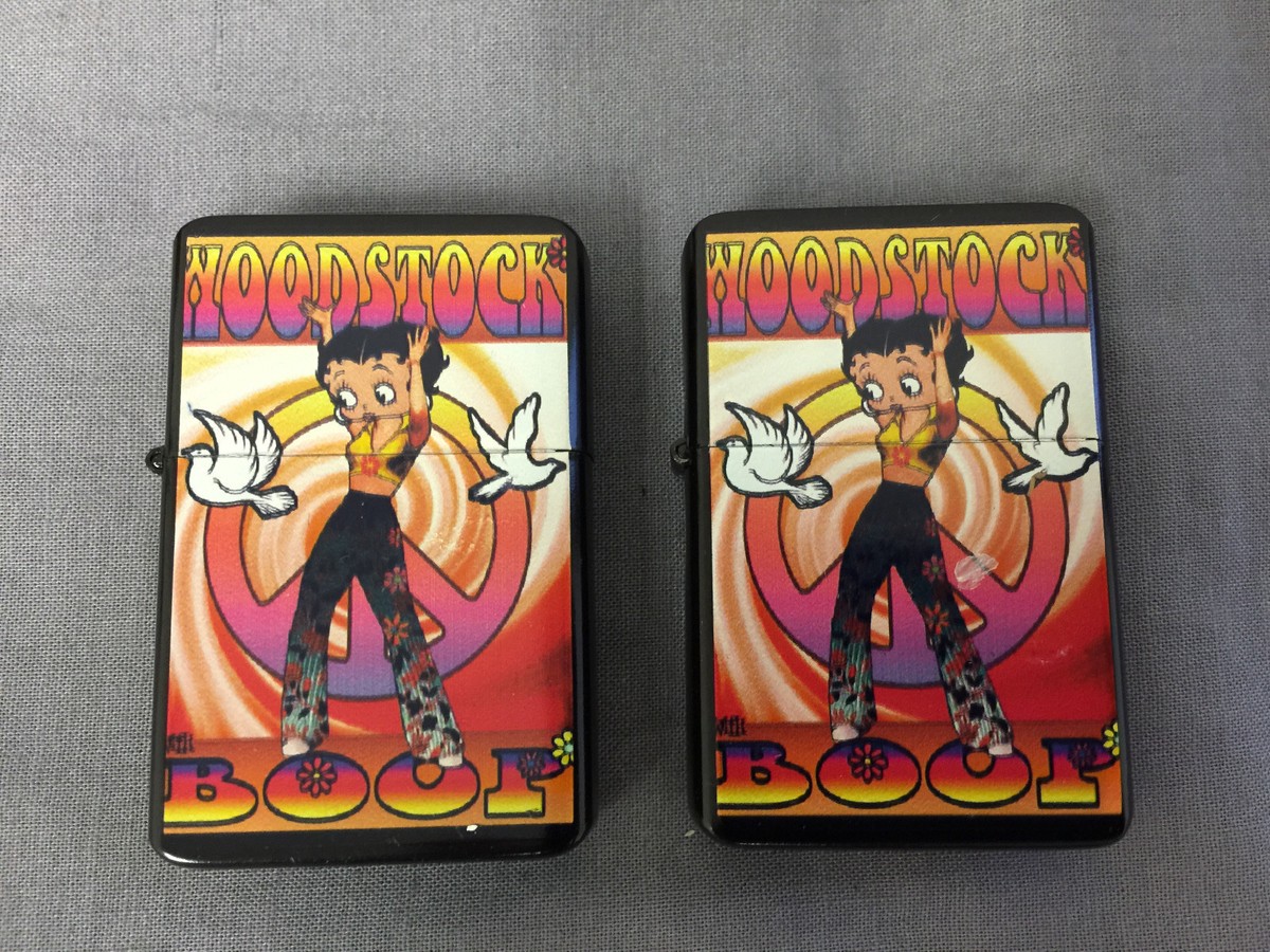 SET OF 2 BETTY BOOP FLIP TOP OIL LIGHTER BLACK WOODSTOCK REFILLABLE CLOSEOUT