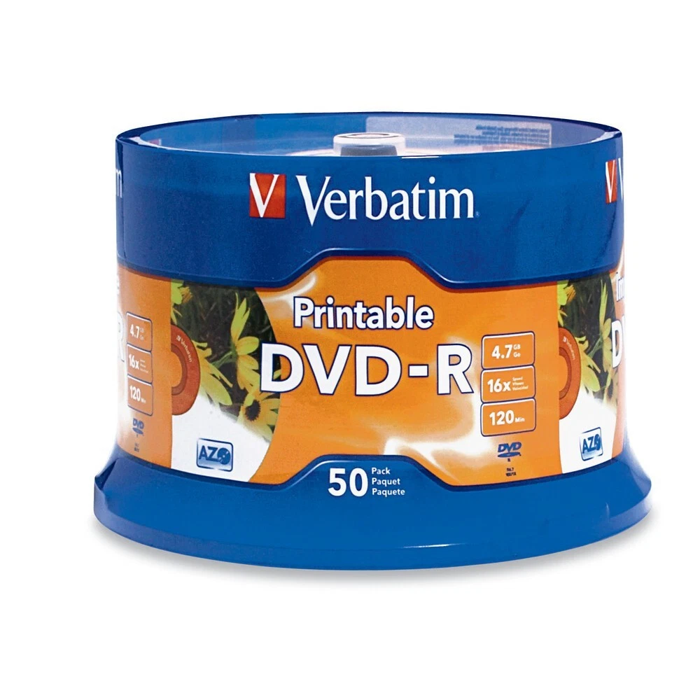50 x Verbatim DVD Inkjet Printable DVD-R 16X in Spindle 16X 4.7GB #95137
