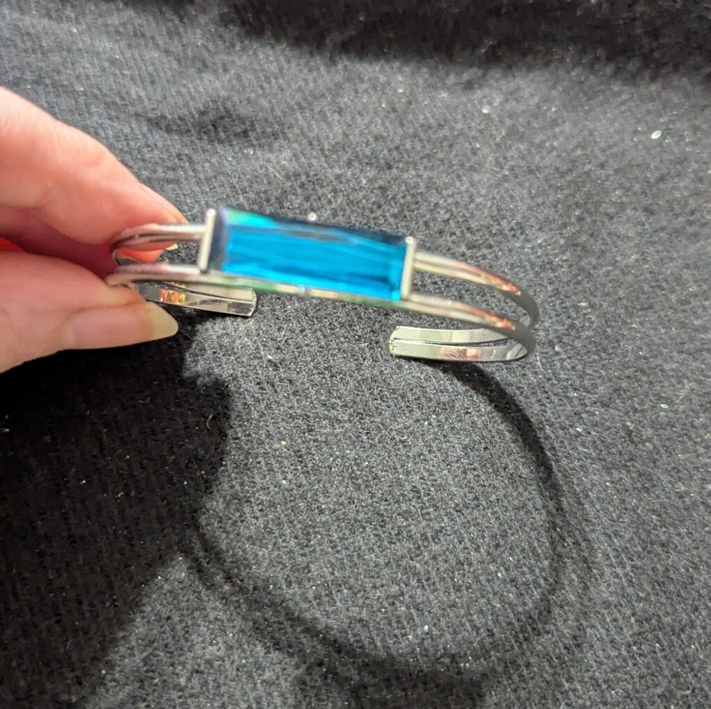 Silver Tone Blue Rectangle Rhinestone Cuff Bangle… - image 2