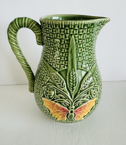 Bordallo Pinheiro Papillon Ivy Pitcher,Green W/Pnted Butterfly,Majolica Portugal