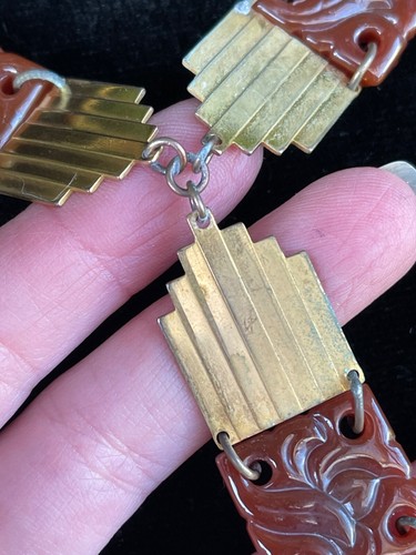 Art Deco antique Molded Czech glass gilt Brass necklace antique jewelry - Picture 21 of 24