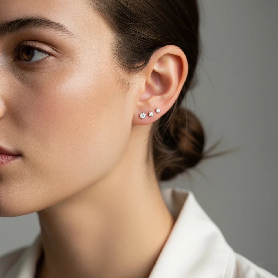 10K Real Solid Gold Solitaire Round CZ Sleeper Stud Earrings Push-back 2.5mm-8mm - Image 3 of 4