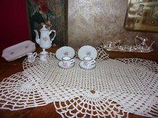 Vintage Miniature Doll House Ceramic 12 Piece Tea Set  Silver Metal 5 pc set