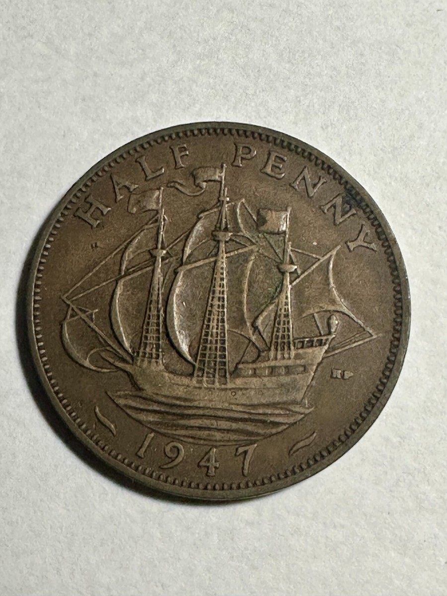 1947 Great Britain Half Penny 1/2p King George VI Bronze Coin BN