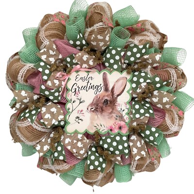 Easter Greeting Bunny Handmade Deco Mesh Wreath