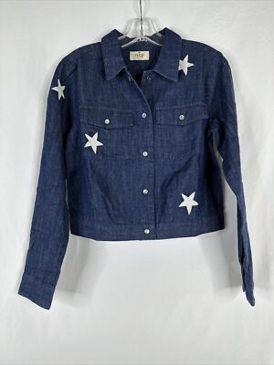 Marine Layer Embroidered Crop Denim Jacket Womens Size M Blue Pearl Snap NWOT
