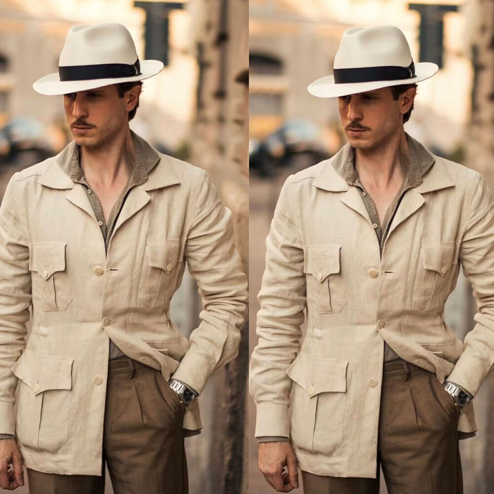 Beige Men Safari Jacket Linen Summer Casual Blazer British Style