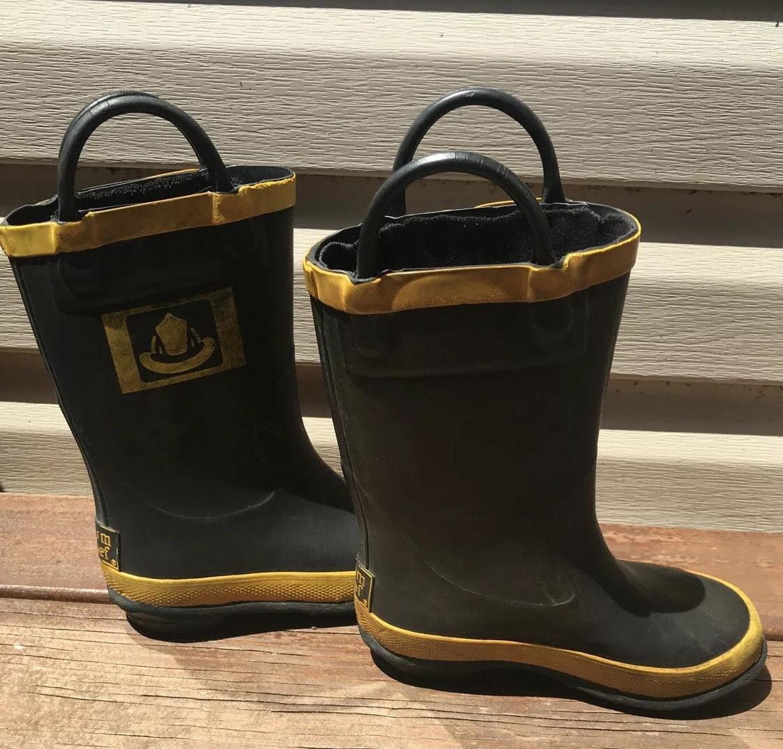 Rain Boots Size 8 Black Yellow Fire Department Pretend Play Fighter Halloween-image