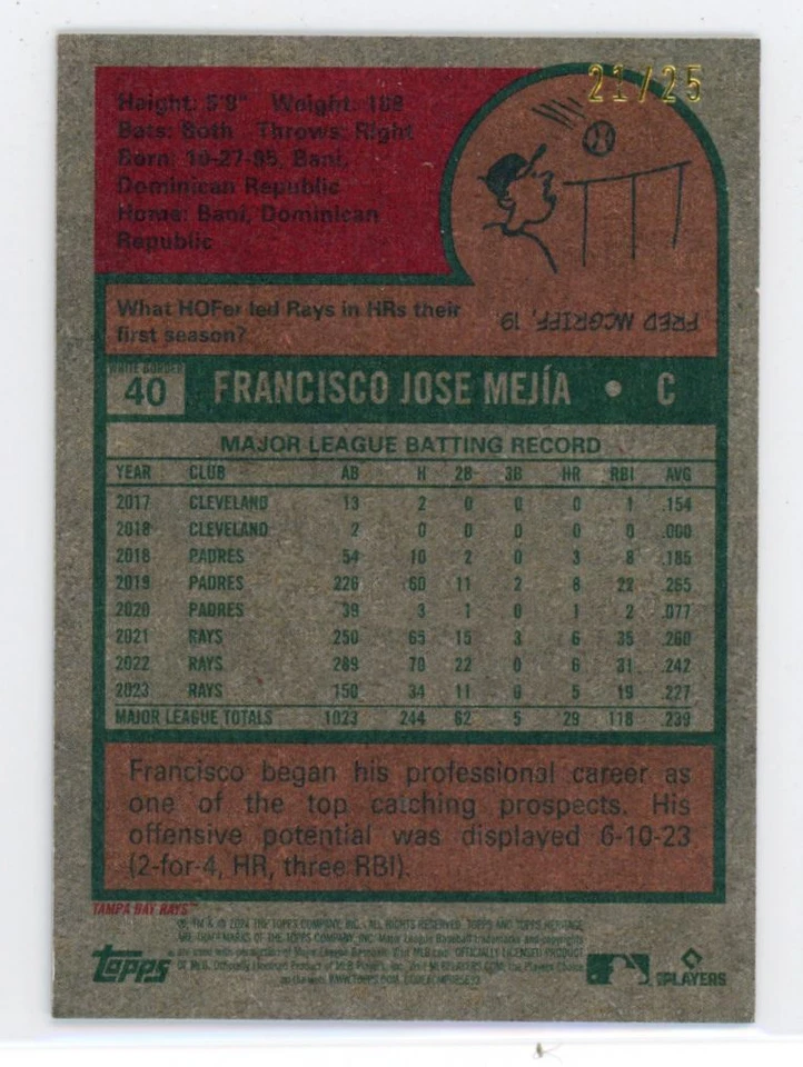 2024 Topps Heritage Mini Blue Francisco Mejia 21/25 Tampa Bay Rays #40 - Image 2 of 2