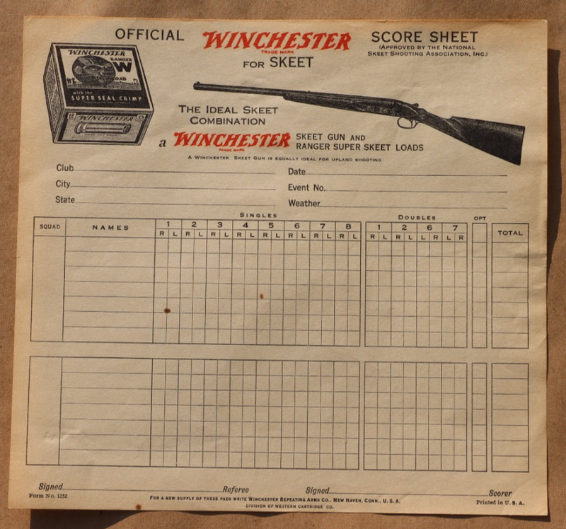 Vintage Winchester Skeet Shooting Score Sheet Ranger Super Skeet Loads Unused