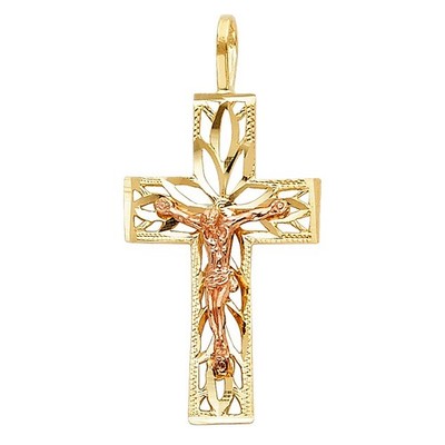 14K Two-tone Gold SmallReligious Crucifix Charm Pendant  (26mm x 15mm) w Chain
