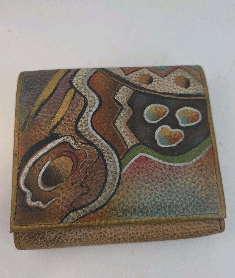 Anuschka Leather Tri-Fold Wallet Hand Painted Southwestern Tribal Colorful