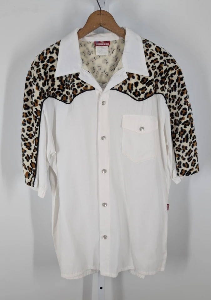Vintage Y2K 90s Rave Leopard Faux Fur Cowboy Western Velour Shirt XL Third Rail - Image 2 of 4