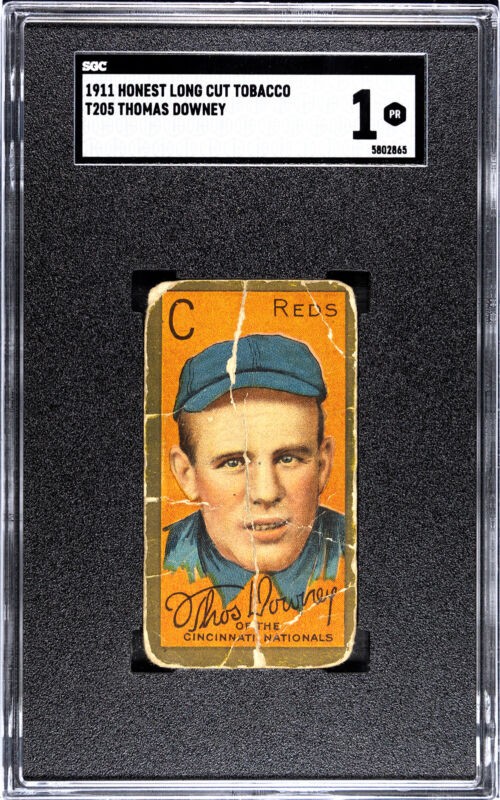 1911 T205 TOM DOWNEY THOMAS HONEST LONG CUT GOLD BORDER SGC 1 CINCINNATI REDS