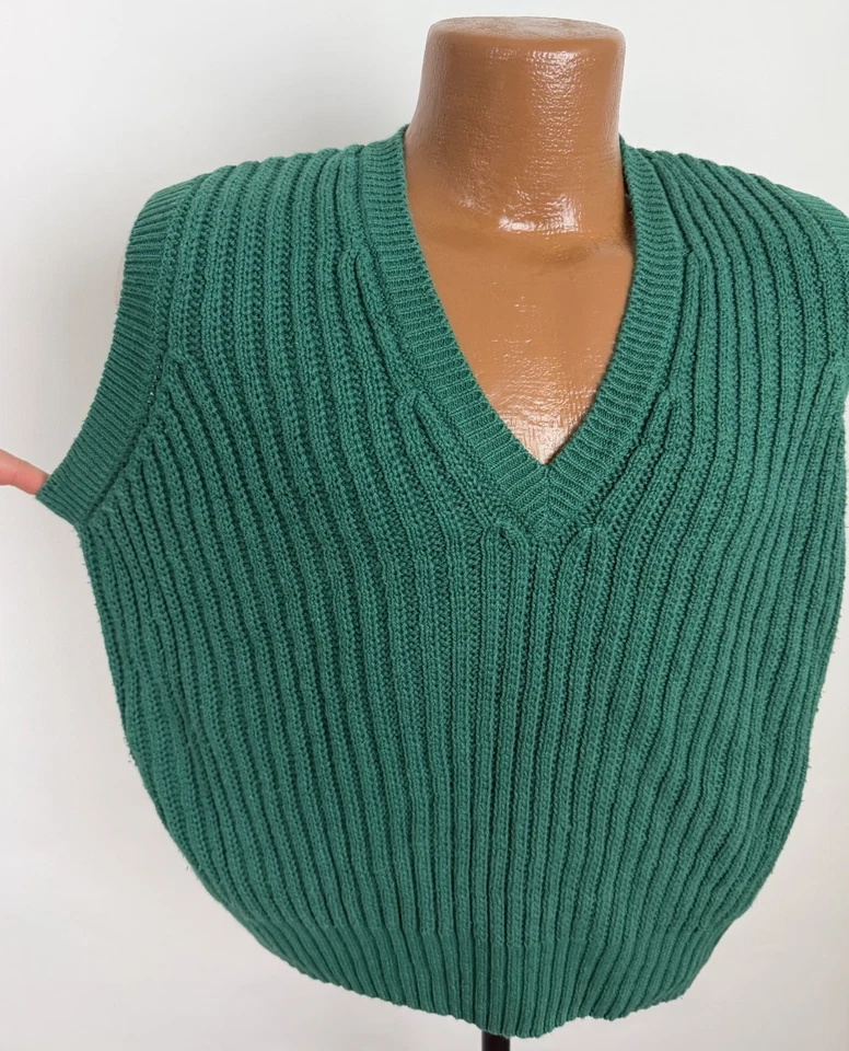 Vintage Sweater Vest Mens Medium Emerald Green Ribbed Knit V-neck 90s Grandpa - Image 4 of 4