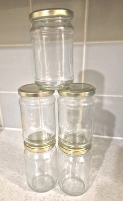 5 x leere Glas Marmeladengläser & Deckel 340g Chutney Einlegen Einkochen Aufbewahrung Geschenk