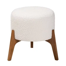 Elkie Fabric and Wood Ottoman Footstool Cream/Walnut Brown - Baxton Studio