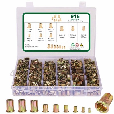 915 PCS Rivet Nut Kit, SAE Rivet Nut Assortment Kit, 6#-32, 8#-32, 10#-24, 1/...