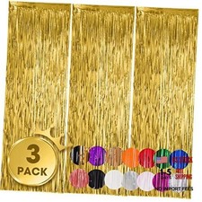3 Pack 3.3x8.2 Feet Gold Foil Fringe Backdrop Curtains, Tinsel Streamers,