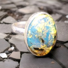 Impressive Natural Sky Blue Amber .925 Sterling Silver Ring 7.5 FREE RESIZING