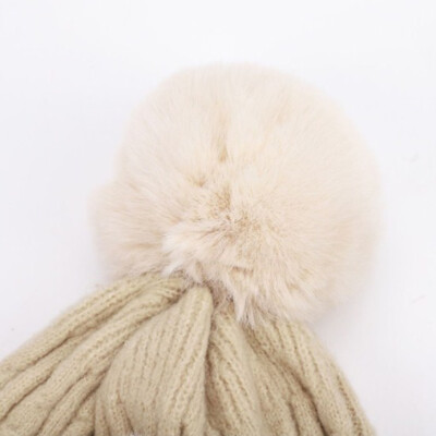 Women Faux Fur Trim Hat Pom Pom Cap Beanie Bobble Knit Splice