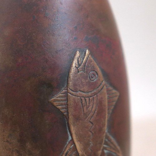 Fabulous Japanese Bronze Modern Vase w Fish Plaque Modernist Signed Japan Showa - Picture 4 of 24