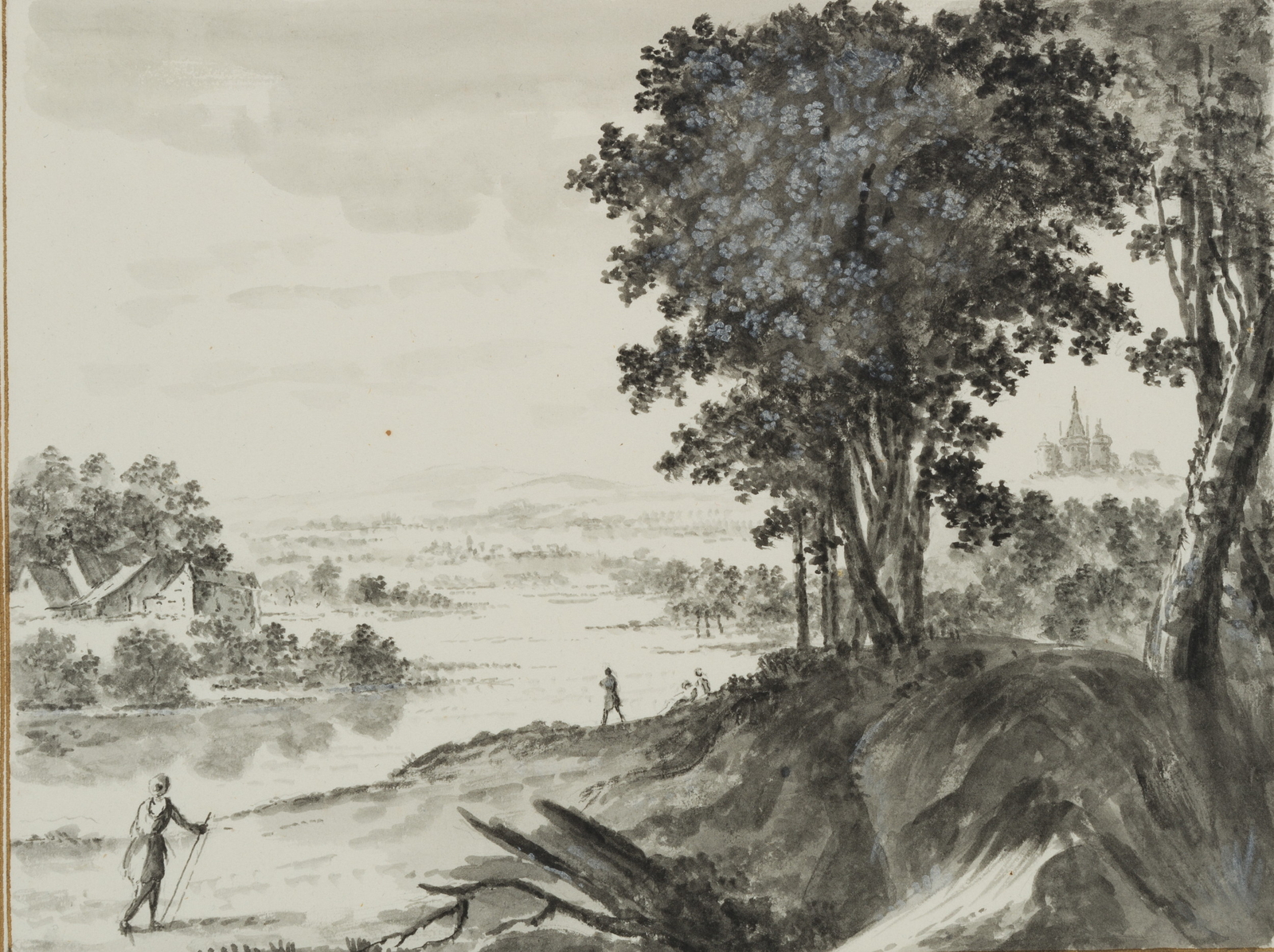 K. HOOG (siglo XIX), paisaje con sendero, 1822, dibujo al pincel romance