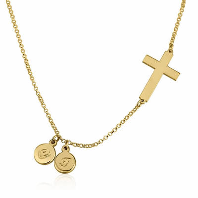 Engraved Cross Necklace Sideways with Initials Gold Plated