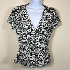 New York & Co Blouse Womens S Black&White Ruched Side Faux Wrap
