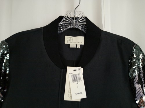 Macy's X SB by Sachin & Babi Sequin Sleeve Bomber Jacket Black/Silver Size M - Picture 6 of 10