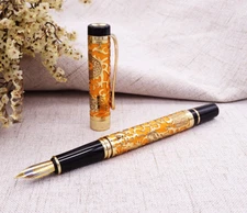 Jinhao Fountain Pen Dragon Texture Carving F Nib Writing Pen (Orange & Golden)